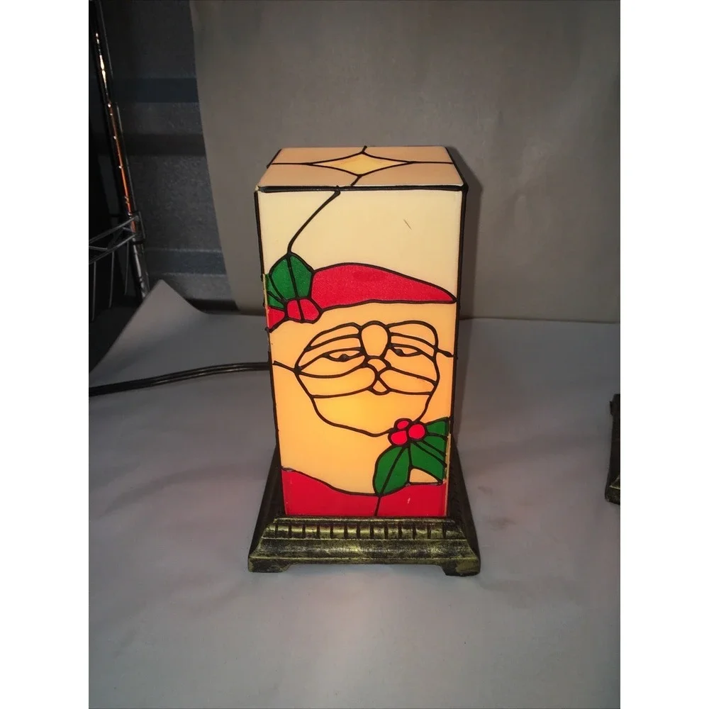 Vtg Christmas Santa Lamps Plastic Stained Glass Look Gold Base Read Description